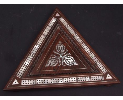 Late Regency mother of pearl inlaid and mounted triangular cribbage scoring board with compartment for pegs under, 11ins x 12
