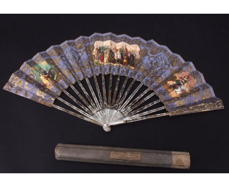 Early 19th century eighteen stick mother of pearl and gilt highlighted European fan fitted with a gilt highlighted printed pa