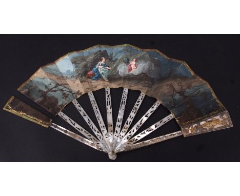 Late 18th/early 19th century Continental mother of pearl and gilt highlighted 11 stick fan, with pierced and gilt highlighted