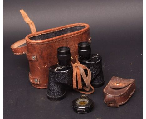 Mixed Lot: leather cased and black painted brass compass with folding cover, marked  The Magnapole  and contained in a stitch