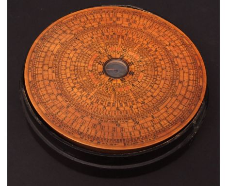 Large complex Chinese Feng Shui wooden compass/diviner in old black lacquer and mother of pearl fitted box, 9ins approx   