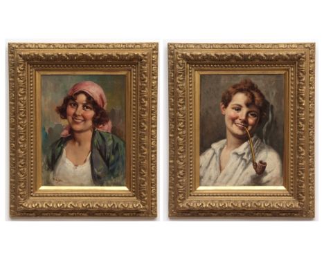 DOMENICO FORLENZA (20TH CENTURY, ITALIAN) Head and shoulders portrait of young lady wearing headscarf and a young boy smoking