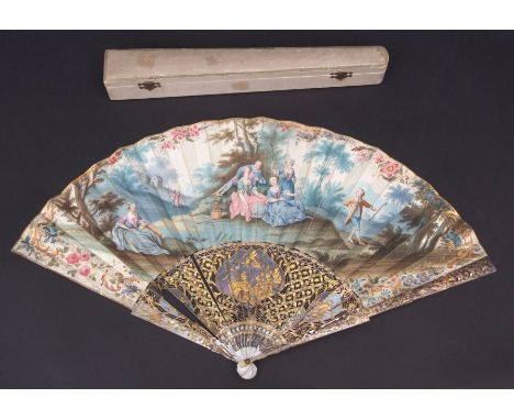 Late 18th century European mother of pearl, silvered and gilt highlighted 20-stick fan, finely pierced sticks with trophies a