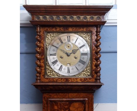 Early 18th century marquetry inlaid 8-day longcase clock, Henry Harper London, the case with moulded overhanging cornice to a