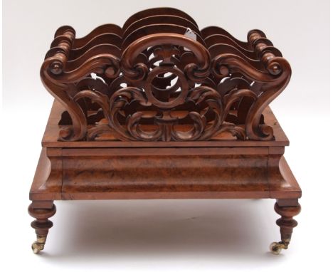 Victorian walnut and burr walnut music Canterbury, the three section top with four scroll work dividers joined by bobbin stre