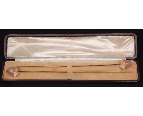 Large pair of cased hat pins with domed rose quartz and facetted crystal glass finial, 30cm long within fitted case stamped  