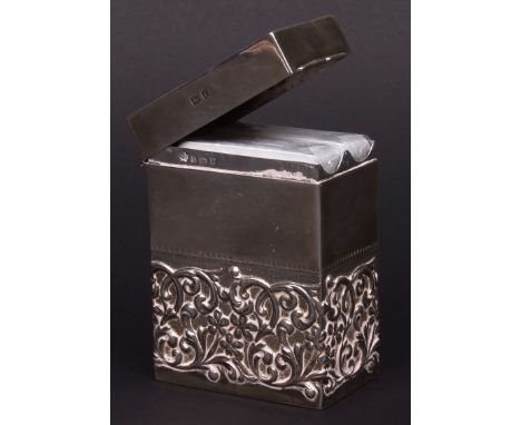 Edward VII playing card case of rectangular form, hinged and polished cover to a body with half embossed floral and foliate d