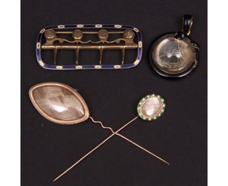 Mixed Lot: Georgian and Victorian jewellery including gilt metal and blue enamelled buckle, 55mm x 25mm, Georgian gold lozeng