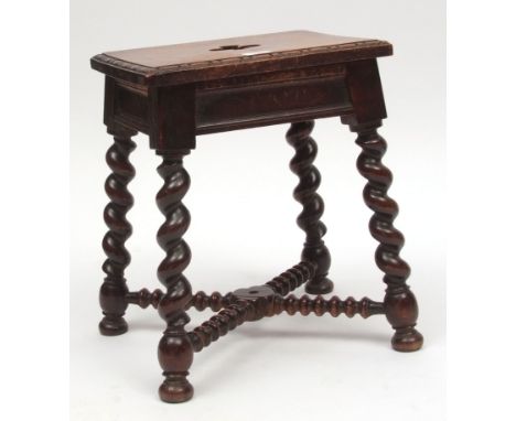 Victorian mahogany rectangular stool the top with club shaped cut-outs and beaded edge supported on four barley twist legs jo