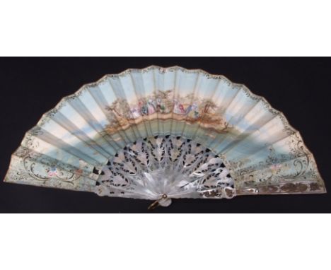Late 18th/early 19th century 18 stick mother of pearl and gilt highlighted fan with gilt brass suspension with pierced floral