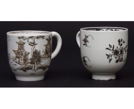 Two Lowestoft coffee cups circa 1775-80 with black and gilt decoration, the first with pagodas within a garden setting with a