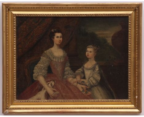ENGLISH SCHOOL (18TH CENTURY) Portrait of a mother, child and dog before a balcony with landscape beyond oil on canvas 9 1/2 