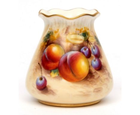 Royal Worcester vase painted with peaches and cherries below a gilt rim, indistinct signature to side and black mark to base 