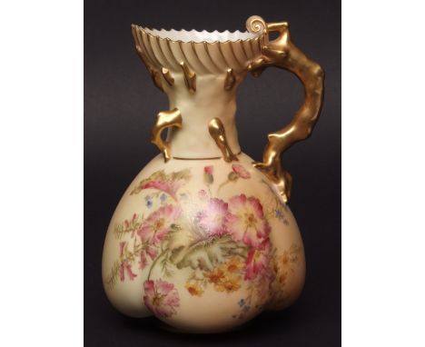 Early 20th century blush ground Royal Worcester vase with gilt highlights and handle modelled as a tree branch, the body pain