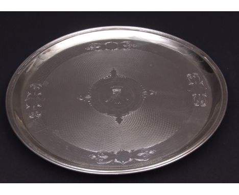 Late 19th/early 20th century former Austro-Hungarian silver salver of circular form with reeded rim and engraved Greek key bo