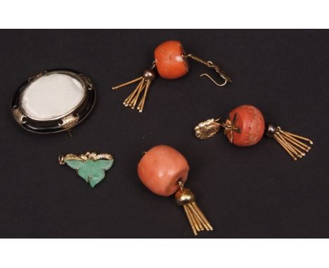 Unusual pair of yellow metal mounted pink coral drum design drop earrings with cameo hangers, a similar pendant, a Victorian 