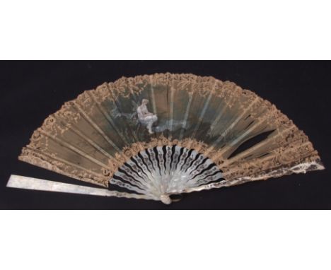 Late 19th century mother of pearl and gilt highlighted 18 stick fan with engraved and highlighted floral detail to a painted 
