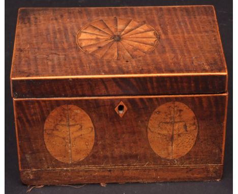 Sheraton period mahogany and parquetry inlaid tea caddy of rectangular form, two lidded compartments within, lacking feet, mi