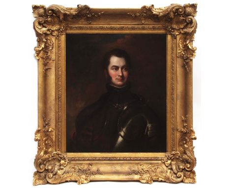 ENGLISH SCHOOL (19TH CENTURY) Head and shoulders portrait of a gent in armour oil on canvas 29 x 24 ins 
