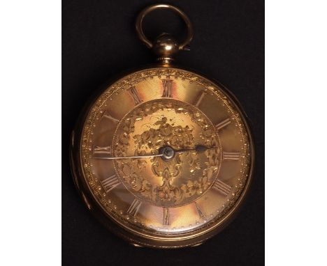 Mid-19th century 18ct gold open faced mid-size lever watch, 83503, the frosted and gilt movement with engraved cock, diamond 