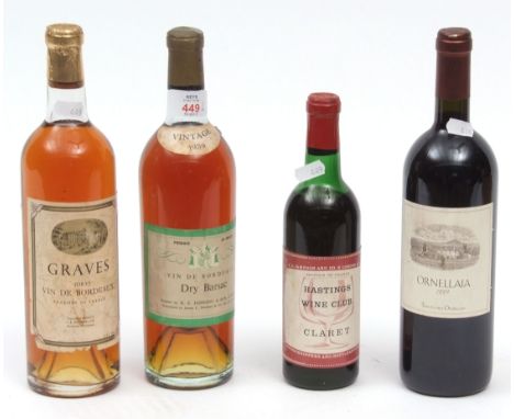 Dry Barsac 1959 (shipped by K E Jameson), Ornellaia 1999 (Bolgheri), Graves (Dry), Hastings Wine Club Claret (1/2 bottle) (4)