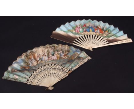 Mixed Lot: two various European fans, the first a 17 stick example with pierced and silvered highlights to a double sided pri