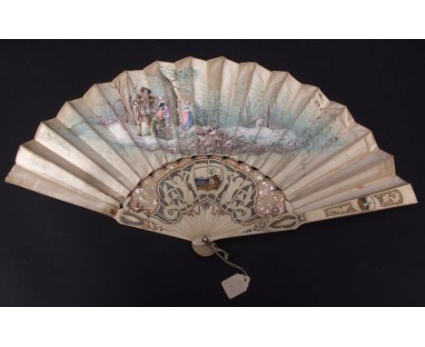 19th century Continental pierced bone and shell detailed 16 stick fan, detailed with putto holding aloft a cartouche with a p