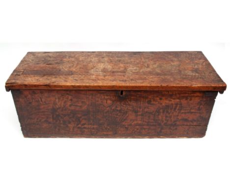 Interesting 17th century fruit wood coffer of plain rectangular design, the lifting lid engraved to the top with a king and q