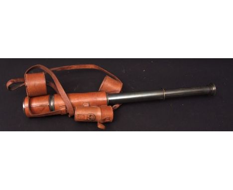 Mid-20th century patinated brass and leather cased three-drawer telescope marked  Reconditioned for John Barker & Co Ltd, Ken