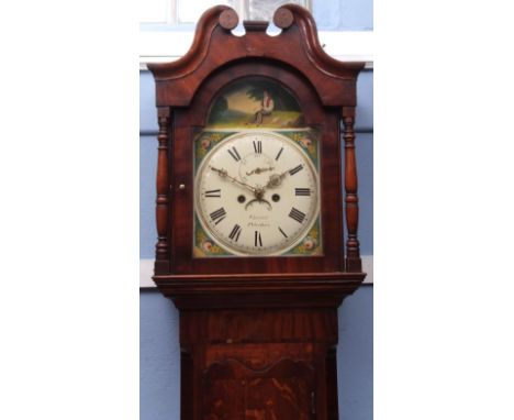 Mid-19th century oak and mahogany cross-banded 8-day longcase clock, Garrat   Peterboro, the hood with swan neck pediment ove