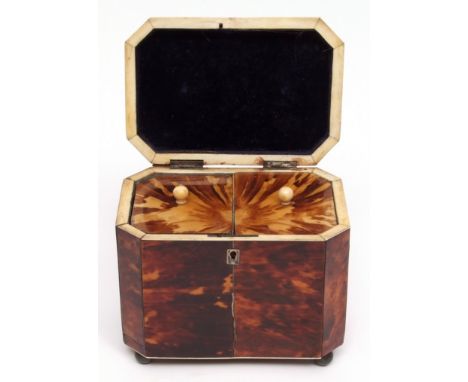 Early 19th century tortoiseshell tea caddy of shaped rectangular design with concave sided lid and canted corners, two lidded