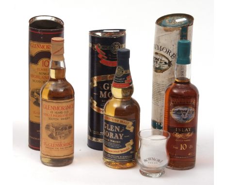 Glen Moray single Speyside malt Scotch Whisky, Glen Morangie 10-year old single malt Scotch Whisky, Bowmore 10-year old singl