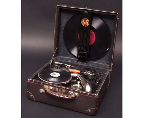 Vintage leatherette cased Diana portable wind-up gramophone, model number 66, case size 12ins x 12ins 