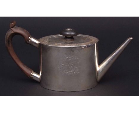 George III oval silver teapot with angular spout, treen handle and finial, having bright cut band of guilloche decoration sur