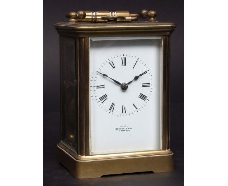 Late 19th century French lacquered brass carriage clock, E G L, 3202, the silvered lever platform escapement with bi-metallic