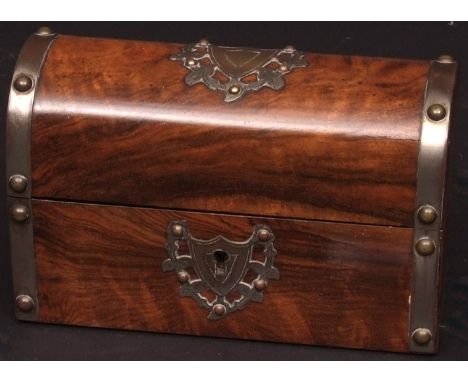 Victorian burr walnut scent decanter box of domed rectangular form, the hinged lid opening to reveal three blown glass bottle