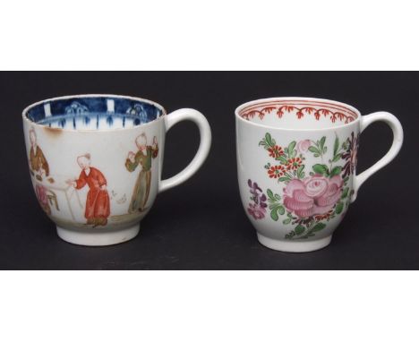Two Lowestoft coffee cups circa 1775/80 the first decorated in Curtis style with floral sprays beneath a line and loop border