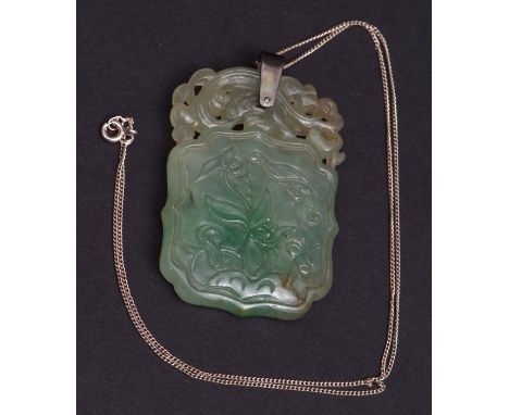 Good quality Chinese large carved jade pendant of shaped square design, 55mm x 40mm overall, mounted on a trace chain  