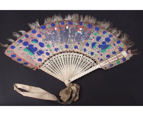 Chinese bone and painted feather fan of 21 stick construction with pierced detail and feathers decorated with Oriental figure