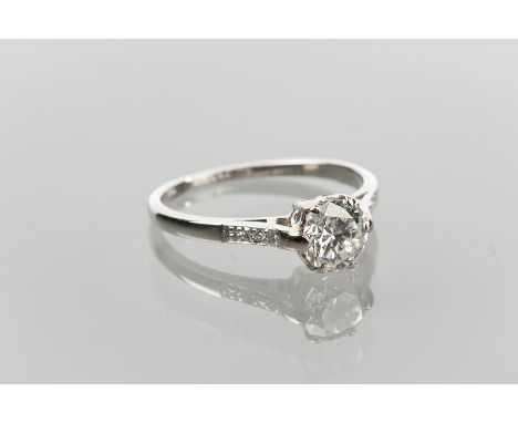 DIAMOND SOLITAIRE RING
the brilliant cut diamond approximately 0.90 carats, on diamond shoulders, in platinum, size M-N