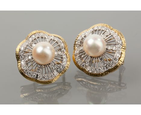 PAIR OF IMPRESSIVE EIGHTEEN CARAT GOLD PEARL AND DIAMOND EARRINGS 
each with a large central pearl surrounded by brilliant cu