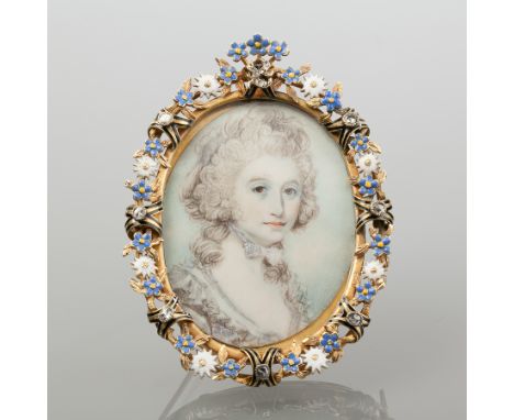 ORNATE EARLY NINETEENTH CENTURY PORTRAIT MINIATURE BROOCH
of oval form, the portrait depicting a woman in 3/4 profile, the pi