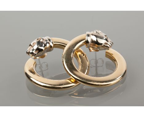 PAIR OF EIGHTEEN CARAT GOLD PANTHER HEAD HOOP EARRINGS 
in yellow and white gold marked 750 for eighteen carat gold, 30mm dia