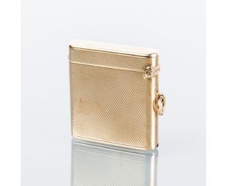 NINE CARAT GOLD VESTA CASE BY ASPREY AND CO.
with engine turned decoration, hallmarked for Chester 1926, 45cm high, 27.5g