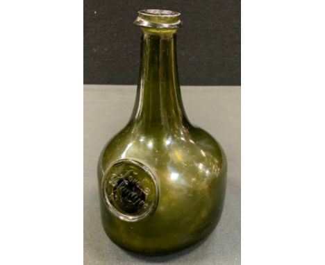 A rare George II mallet shaped seal wine bottle for 'Lord Blantyre' c.1730,  kick up base, 17cm high.This bottle would of bee