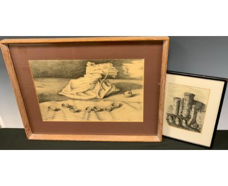 M. Wolff, Walnuts, signed, pen and ink, 29cm x 43cm; another, British school, a castle gateway, pencil sketch, (2). Provenanc