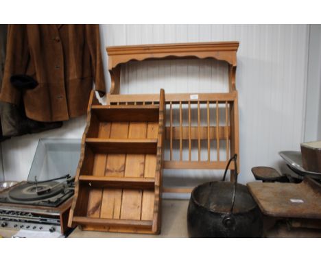 A pine plate rack; together with a pine hanging shelf