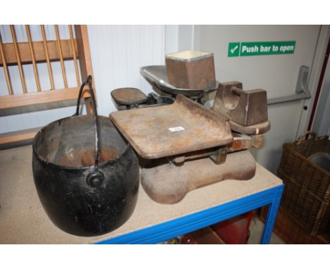 Two sets of scales and weights; a cast metal cooking dish etc