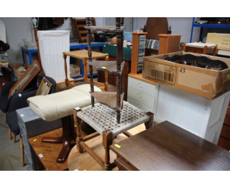 A small three tier whatnot; and a string topped stool 
