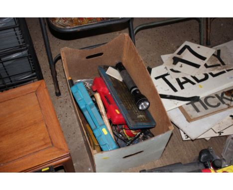A box containing various hand tools; large Mag light etc. 